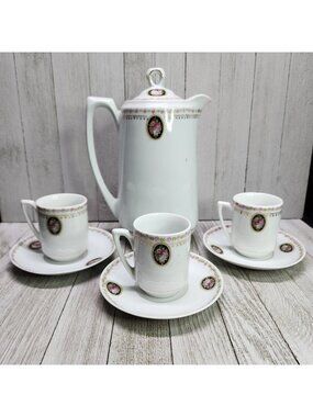 Vintage Bavaria Chocolate Tea Set Porcelain Victorian Gold Trim Pink Roses